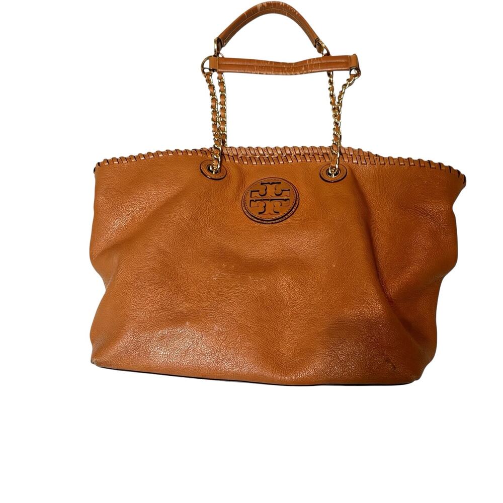 Tory Burch Brown Pebbled Leather Chain Strap Tote Bag Whipstitch Logo Purse